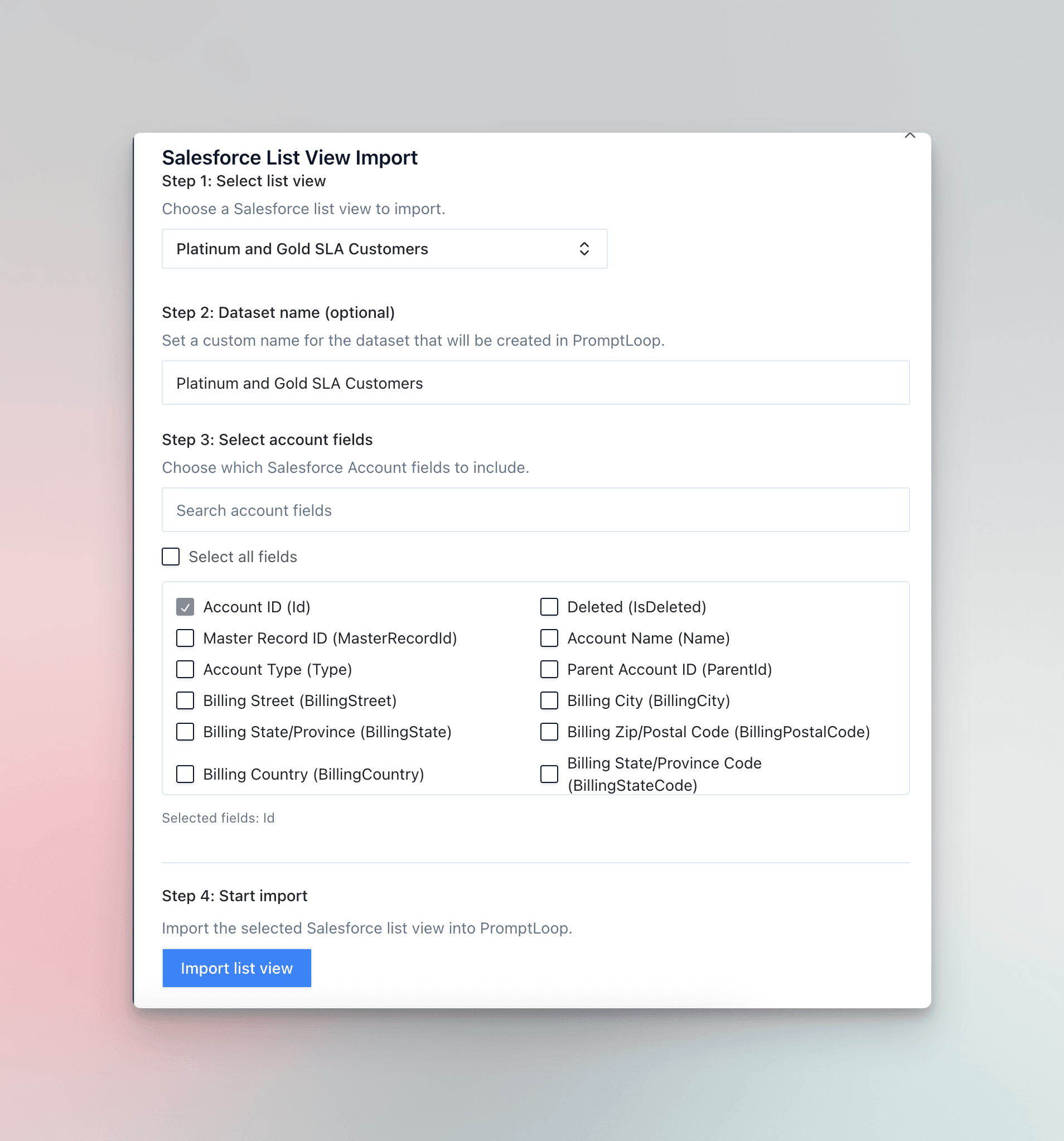 Salesforce list view selection screen in PromptLoop