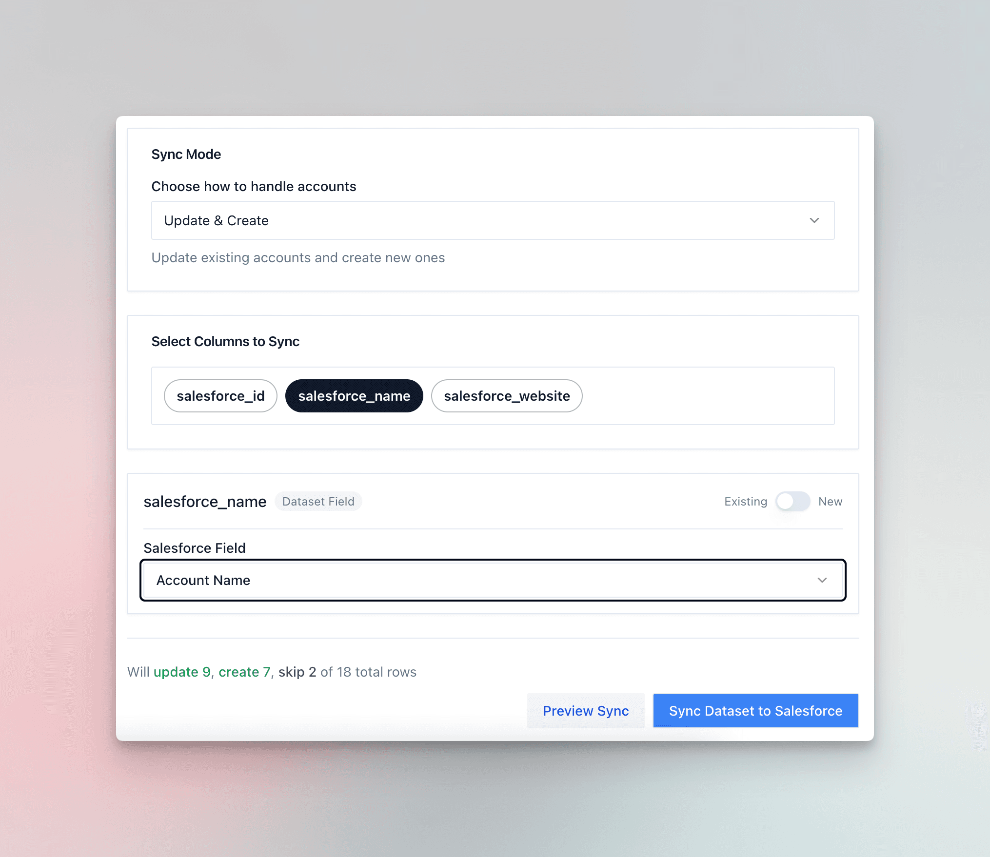 Salesforce sync preview summary showing updates and skips